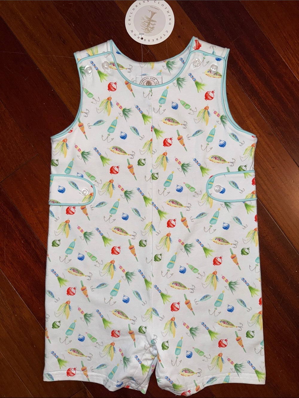 Cypress Row Playful Fishing Lure Romper - White with Multi-Color Print NWT